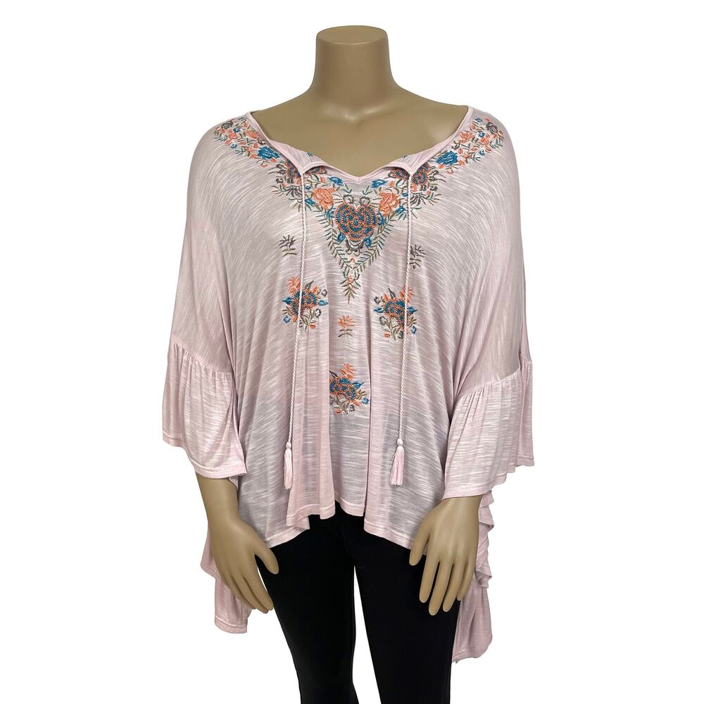 Entro Embroidered Waterfall Melange Poncho Sz L New Pink Boho Peasant Top